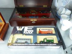 A WOODEN CASED SET OF SIX MATCHBOX 'MODELS OF YESTERYEAR' AND A BOXED SET OF THE THREE 'V.E. DAY