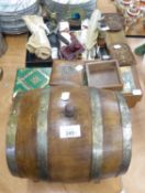 VINTAGE SPIRIT BARREL, TOGETHER WITH A CASE OF COSTUME JEWELLERY, WRITING EQUIPMENT PLUS VINTAGE