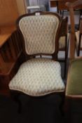 A NINETEENTH CENTURY FRENCH MAHOGANY SINGLE CHAIR, WITH UPHOLSTERED BACK PANEL AND SEAT, CABRIOLE