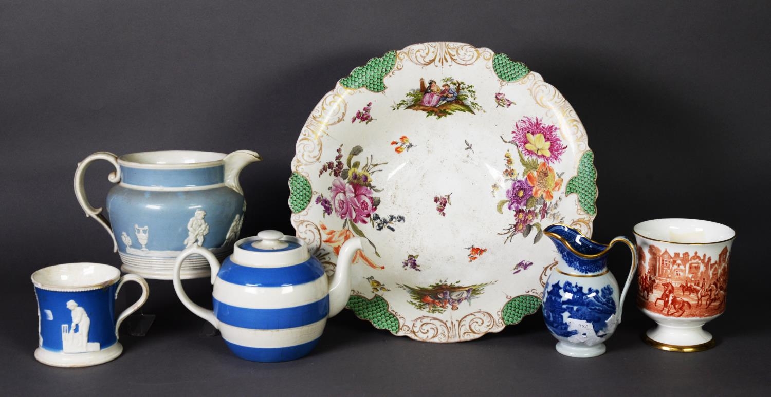 MIXED LOT OF 19TH CENTURY CERAMICS, including a Meissen hausmalerai floral shaving bowl, a sprig-