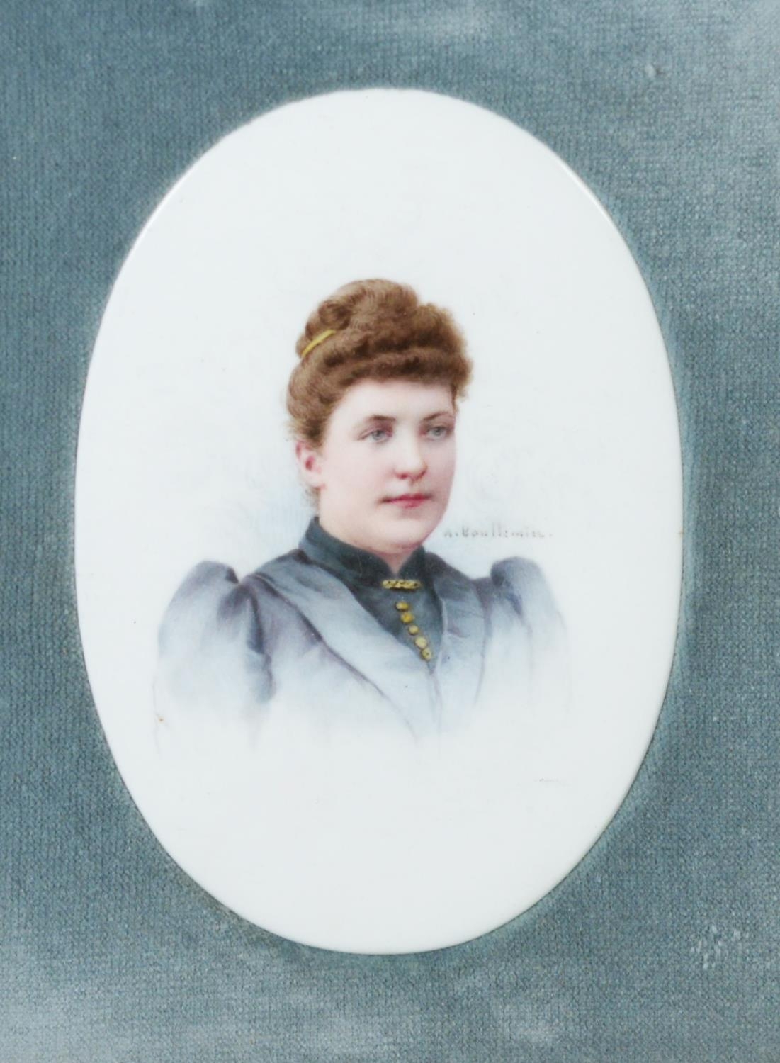 A LATE 19TH CENTURY GERMAN PORCELAIN PLAQUE BY ANNE NICOLE VOULLEMIER, depicting a governess, signed