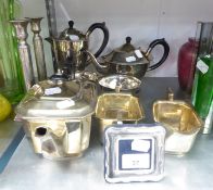 ART DECO STYLE THREE PIECE SILVER PLATED TEA SET, PLUS SIMILAR PERIOD FOUR PIECE TEA SET, SILVER