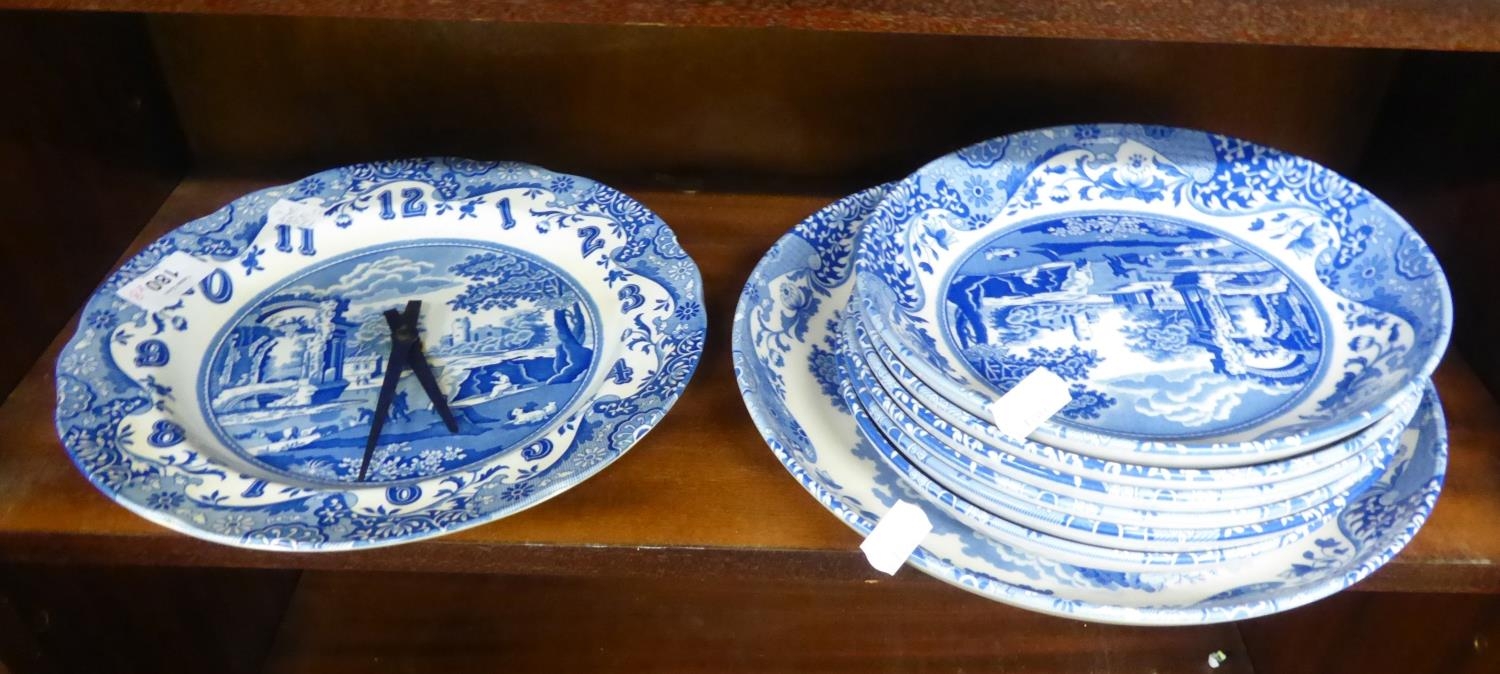 SPODE ‘ITALIAN’ PATTERN SEVEN PIECE BLUE AD WHITE POTTERY FRUIT SET FOR SIX PERSONS, with serving