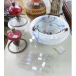 A CARTON OF OIL LAMP FITTINGS, ONE WITH CRANBERRY GLASS BOWL AND A MARBLED GLASS BOWL LIGHT SHADE