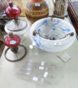 A CARTON OF OIL LAMP FITTINGS, ONE WITH CRANBERRY GLASS BOWL AND A MARBLED GLASS BOWL LIGHT SHADE
