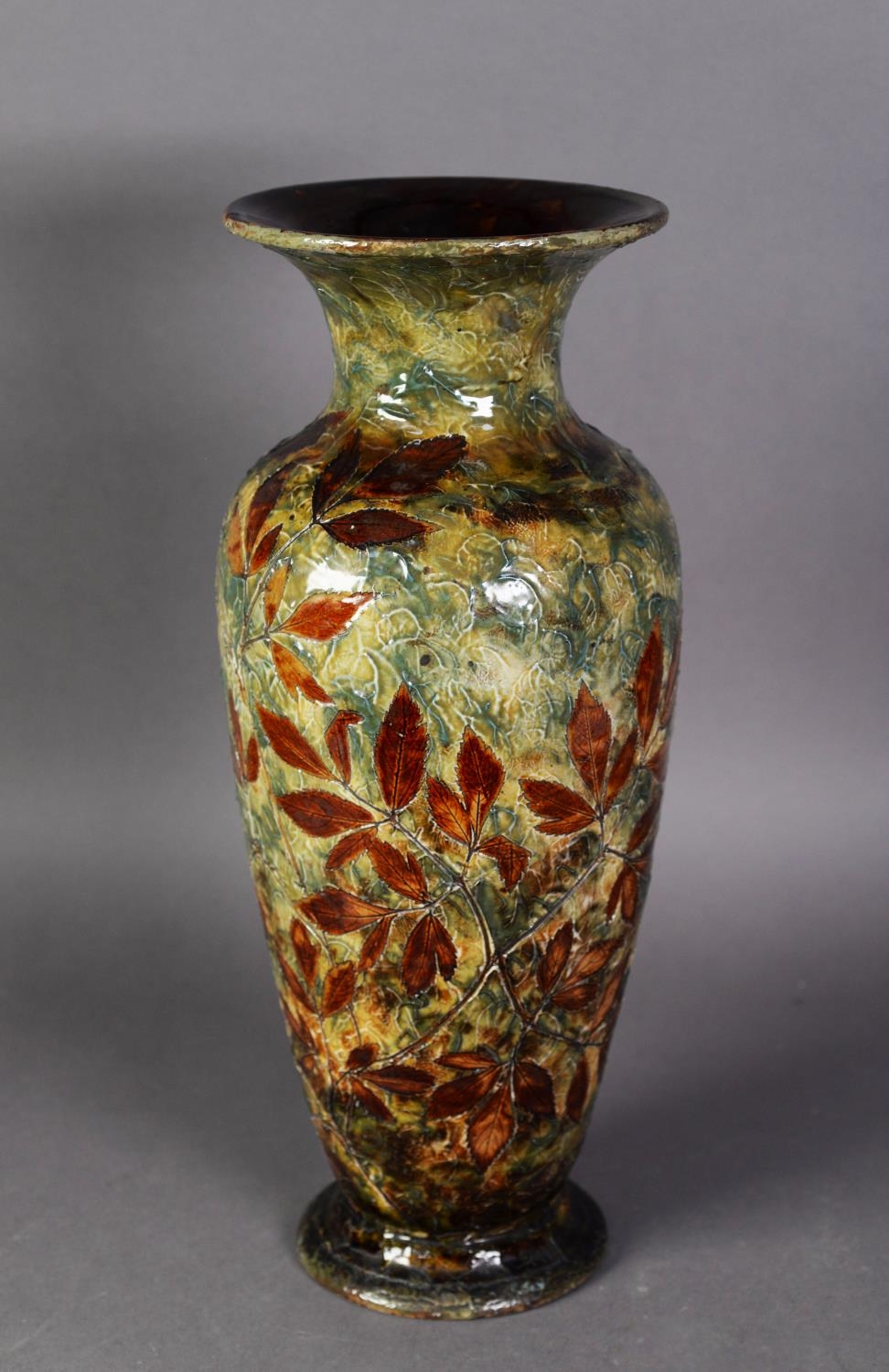 LATE VICTORIAN DOULTON (LAMBETH) STONEWARE TALL SHOULDERED OVIFORM VASE, decorated with applied