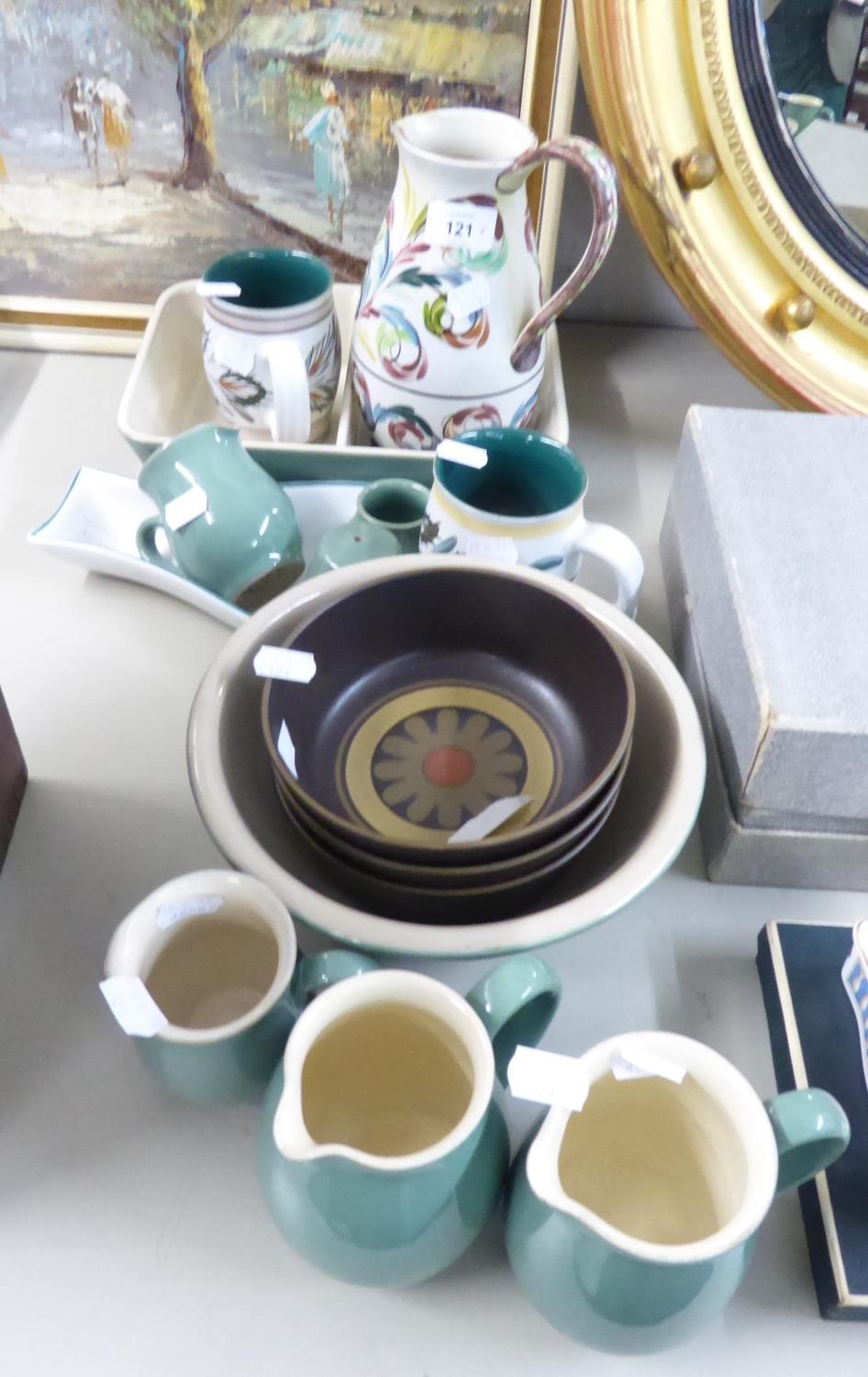 A SELECTION OF DENBY WARE DOMESTIC POTTERY, INCLUDING 1960'S GLYN COLLEGE BEER JUG AND TWO