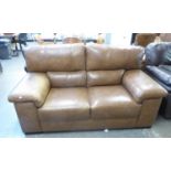 A BROWN HIDE TWO SEATER SETTEE WITH SADDLE ARMS, 6’ WIDE