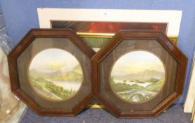 PAIR OF COLOUR PRINTS IN OAK OCTAGONAL FRAMES, A COLOUR PRINT OF MILITARY, WITH TWO GUARDSMAN ON