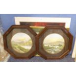 PAIR OF COLOUR PRINTS IN OAK OCTAGONAL FRAMES, A COLOUR PRINT OF MILITARY, WITH TWO GUARDSMAN ON