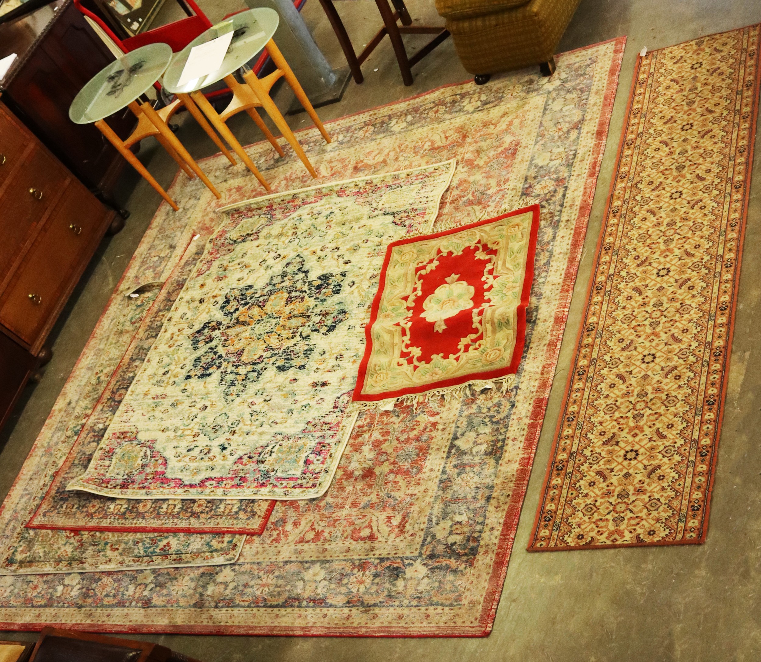LARGE 9'10 X 7'9" EASTERN STYLE CARPET OF WORN EFFECT, THREE SMALLER SIMILAR RUGS, A RUNNER AND