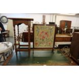 AN OAK SQUARE OCCASIONAL TABLE, ON SPIRAL LEGS AND A SMALL TAPESTRY DECORATED FIRESCREEN (2)