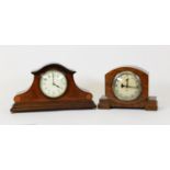 EDWARDIAN LINE INLAID MAHOGANY MANTLE CLOCK, the 3 ½” Arabic dial, powered by a French drum shaped