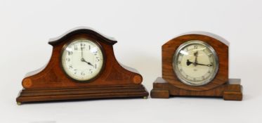 EDWARDIAN LINE INLAID MAHOGANY MANTLE CLOCK, the 3 ½” Arabic dial, powered by a French drum shaped