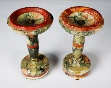 PAIR OF EARLY TWENTIETH CENTURY VEINED MARBLE PEDESTAL DISHES OR SIDE URNS, originally from a