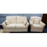 BRIDGECRAFT, GOOD QUALITY THREE PIECE LOUNGE SUITE, upholstered in floral patterned cream fabric and