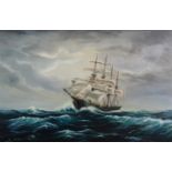 J SIM (TWENTIETH CENTURY) OIL ON CANVAS Four masted ship under sail on rough water Signed 19 ¾” x 29