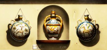 CHRISTOPHER JOHN HARRISON (1945) OIL ON BOARD Trompe l’oeil of three pieces of Italian maiolica