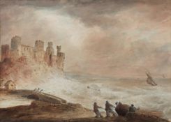 19th CENTURY ENGLISH SCHOOL WATERCOLOUR DRAWING Coast scene on a very rough day with Dunstanburgh