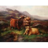 JOHN W. MORRIS (C. 1865 – 1924) OIL PAINTING ON CANVAS Highland landscape with group of highland