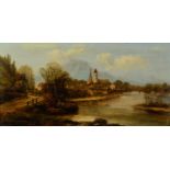 C VICCINO PAIR OF OIL PAINTINGS ON PANELS Continental landscape with river, bridge and town, man