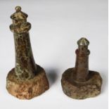 TWO MARBLE OR HARDSTONE MODELS OF LIGHTHOUSES, 6” (15.2cm) and 4” (10.2cm) high, (2), top chipped