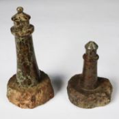 TWO MARBLE OR HARDSTONE MODELS OF LIGHTHOUSES, 6” (15.2cm) and 4” (10.2cm) high, (2), top chipped