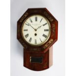 EARLY NINETEENTH CENTURY BRASS INLAID ROSEWOOD DROP DIAL WALL CLOCK, the 9” Roman dial, indistinctly