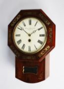 EARLY NINETEENTH CENTURY BRASS INLAID ROSEWOOD DROP DIAL WALL CLOCK, the 9” Roman dial, indistinctly