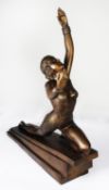 REPRODUCTION PATINATED BRONZE ART DECO FEMALE FIGURE, modelled in a stylised, kneeling pose with