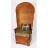 TWENTIETH CENTURY PINE ORKNEY CHAIR, with traditional woven 142.3cm) high, canopy top, flat arms