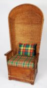 TWENTIETH CENTURY PINE ORKNEY CHAIR, with traditional woven 142.3cm) high, canopy top, flat arms