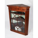 EARLY NINETEENTH CENTURY MAHOGANY CORNER CUPBOARD, the moulded cornice above an eighteen panelled