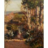FREDERICK WILLIAM JACKSON (1859-1918) OIL ON BOARD Landscape with figure on a path in the foreground