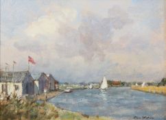 OWEN WATERS (1916-2004) OIL ON BOARD The Fens, Norfolk with sailing boats and buildings Signed