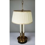 FRENCH BOUILLOTTE STYLE BRASS TWIN LIGHT ELECTRIC TABLE LAMP, with triple columns to the dished base