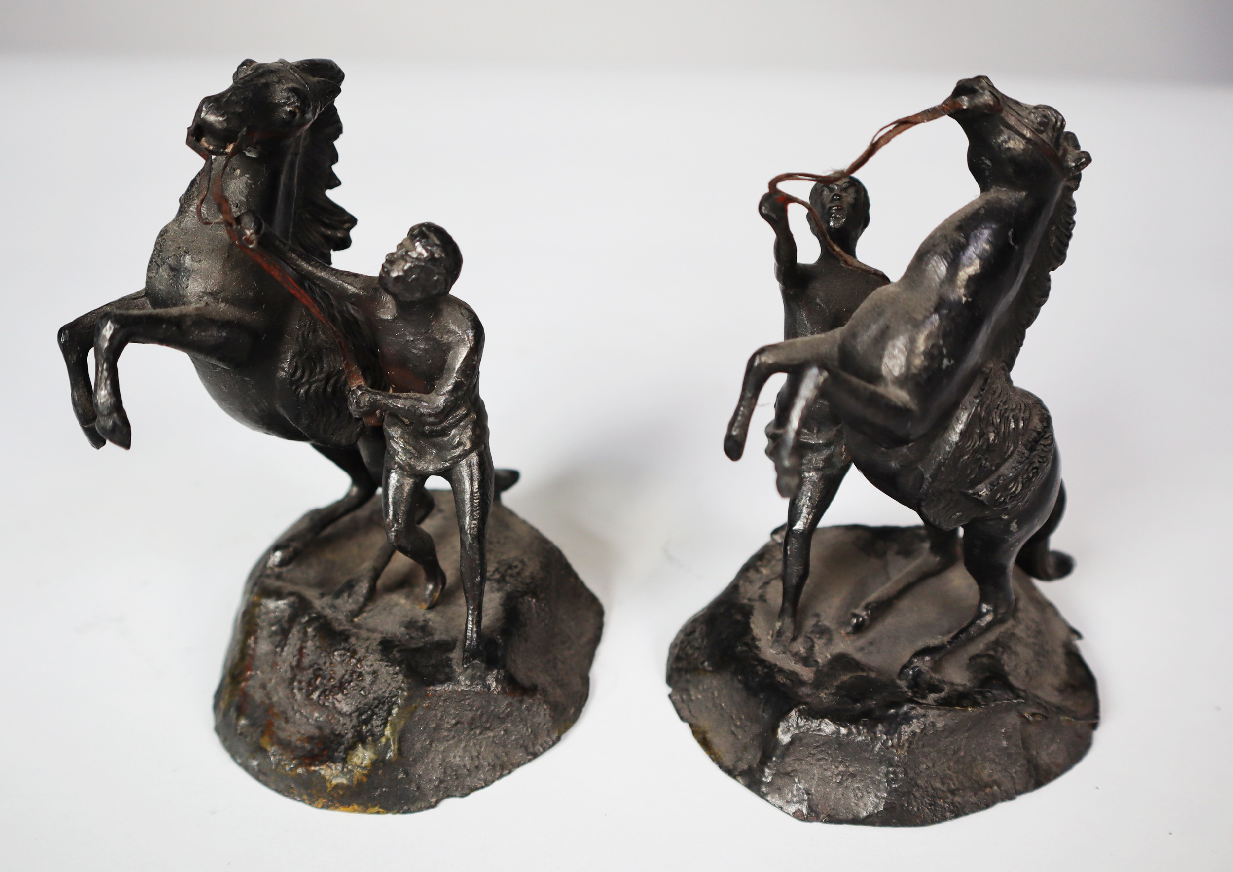 PAIR OF BLACK SPELTER MODELS OF THE MARLY HORSES, 5” (12.7cm) high, (2)