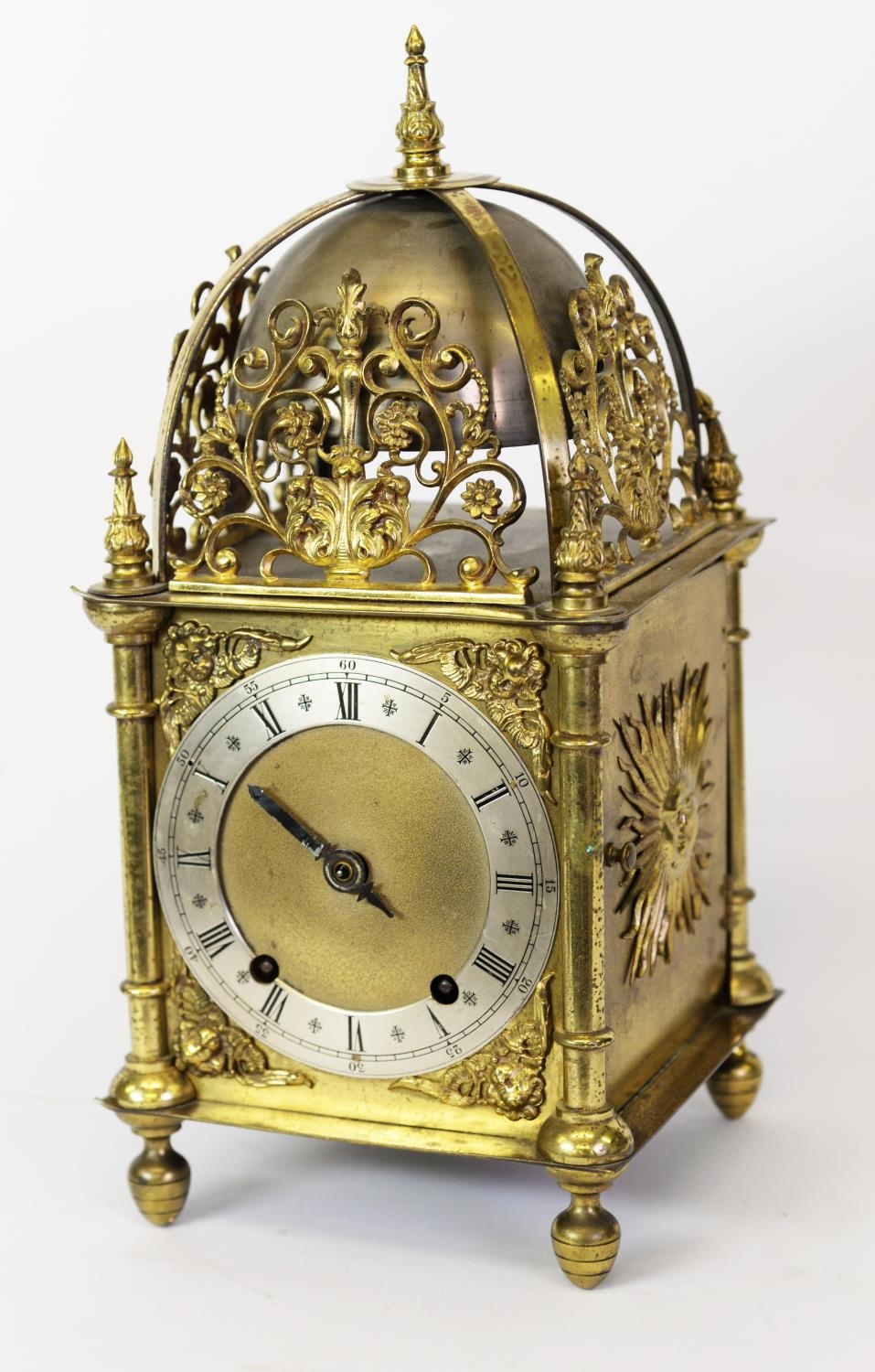 SEVENTEENTH CENTURY STYLE GILT METAL LANTERN CLOCK, the 6” dial with silvered Roamd chapter ring,