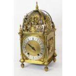 SEVENTEENTH CENTURY STYLE GILT METAL LANTERN CLOCK, the 6” dial with silvered Roamd chapter ring,