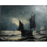 E J HOYER (NINETEENTH CENTURY) OIL ON RELINED CANVAS Moonlit scene of sailing ships and a rowing