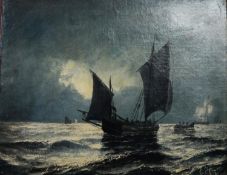 E J HOYER (NINETEENTH CENTURY) OIL ON RELINED CANVAS Moonlit scene of sailing ships and a rowing