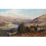 E.A. WARRINGTON WATERCOLOUR DRAWING Mountainous landscape with lake, sheep in foreground Signed