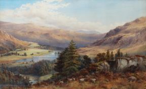 E.A. WARRINGTON WATERCOLOUR DRAWING Mountainous landscape with lake, sheep in foreground Signed