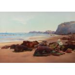 UNATTRIBUTED (NINETEENTH CENTURY) WATERCOLOUR Two ladies on a beach on the Jurassic coast with
