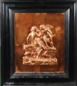 EARLY 20th CENTURY EMBOSSED COPPER OBLONG PLAQUE, a semi-draped classical maiden and cupid on a