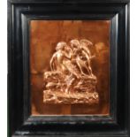 EARLY 20th CENTURY EMBOSSED COPPER OBLONG PLAQUE, a semi-draped classical maiden and cupid on a