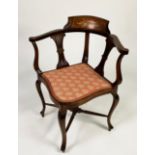 EDWARDIAN INLAID MAHOGANY STAINED FRUITWOOD CORNER CHAIR, of typical form with foliate scroll inlaid