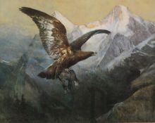 FRANK FELLER (Swiss 1848-1908) WATERCOLOUR An eagle carrying its prey in the Swiss Alps, signed