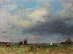 OWEN WATERS (1916-2004) OIL ON BOARD View of the river Thurne with sailing boat and windmill