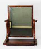 NINETEENTH CENTURY MAHOGANY TOILET MIRROR, WITH OBLONG PLATE, SCROLL SUPPORTS AND SHAPED OBLONG BASE